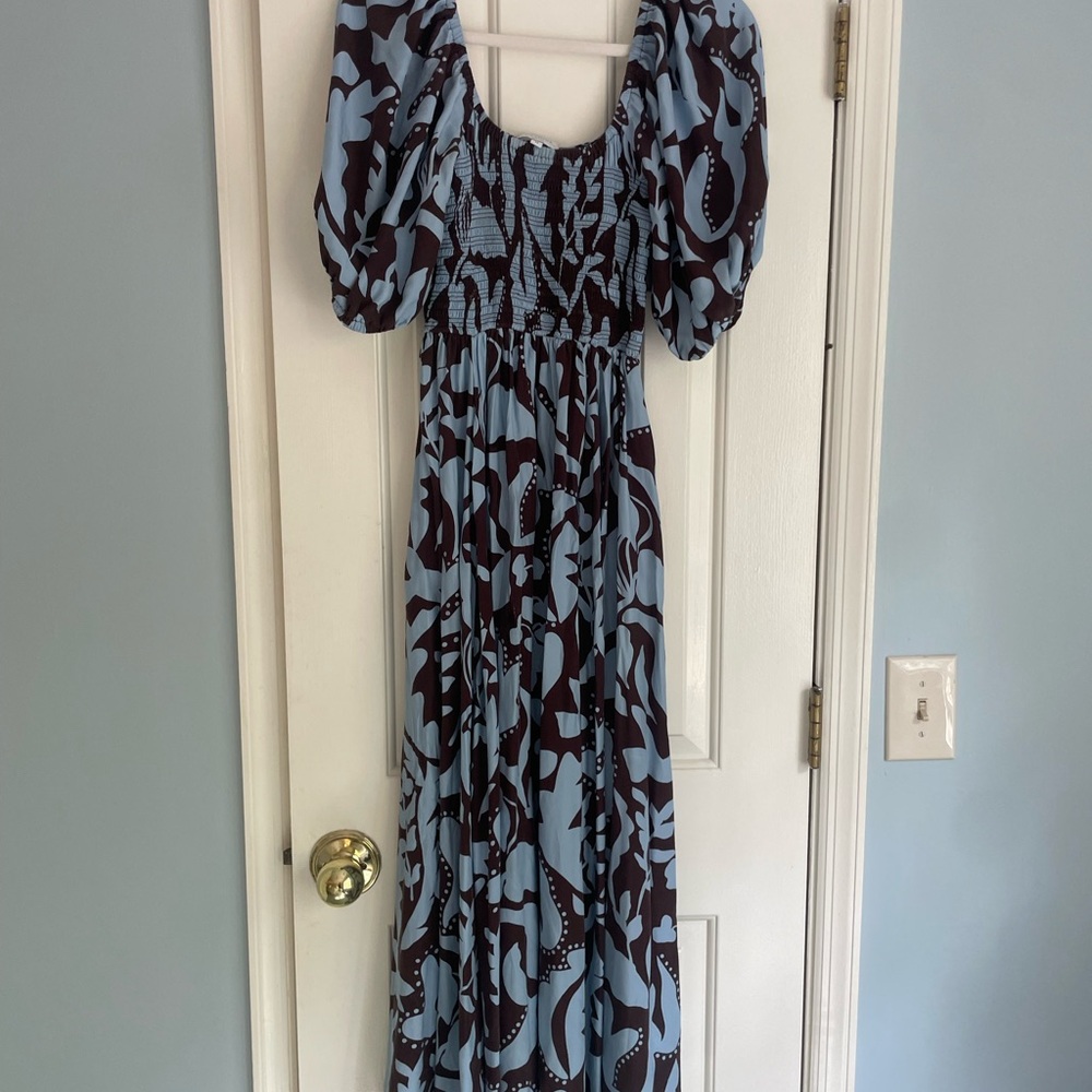 La Ligne Blue and Brown Pyper Silk Smocked Maxi Dress